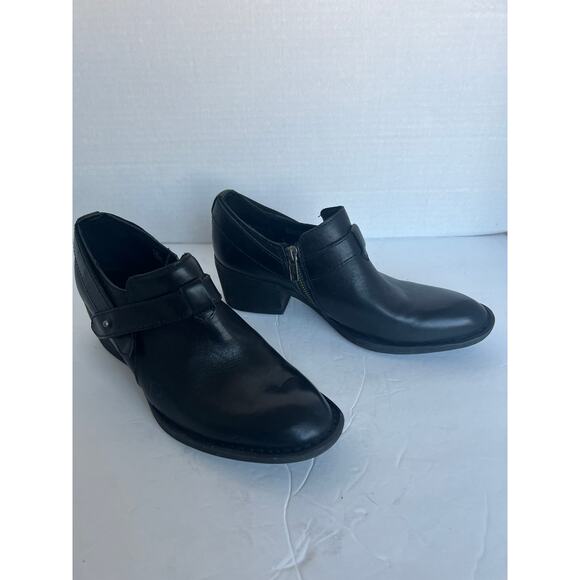 BORN Timmons Chukka Black Leather Zip Block Heel Straps Bootie Shoes Sz 8.5 - Picture 2 of 10